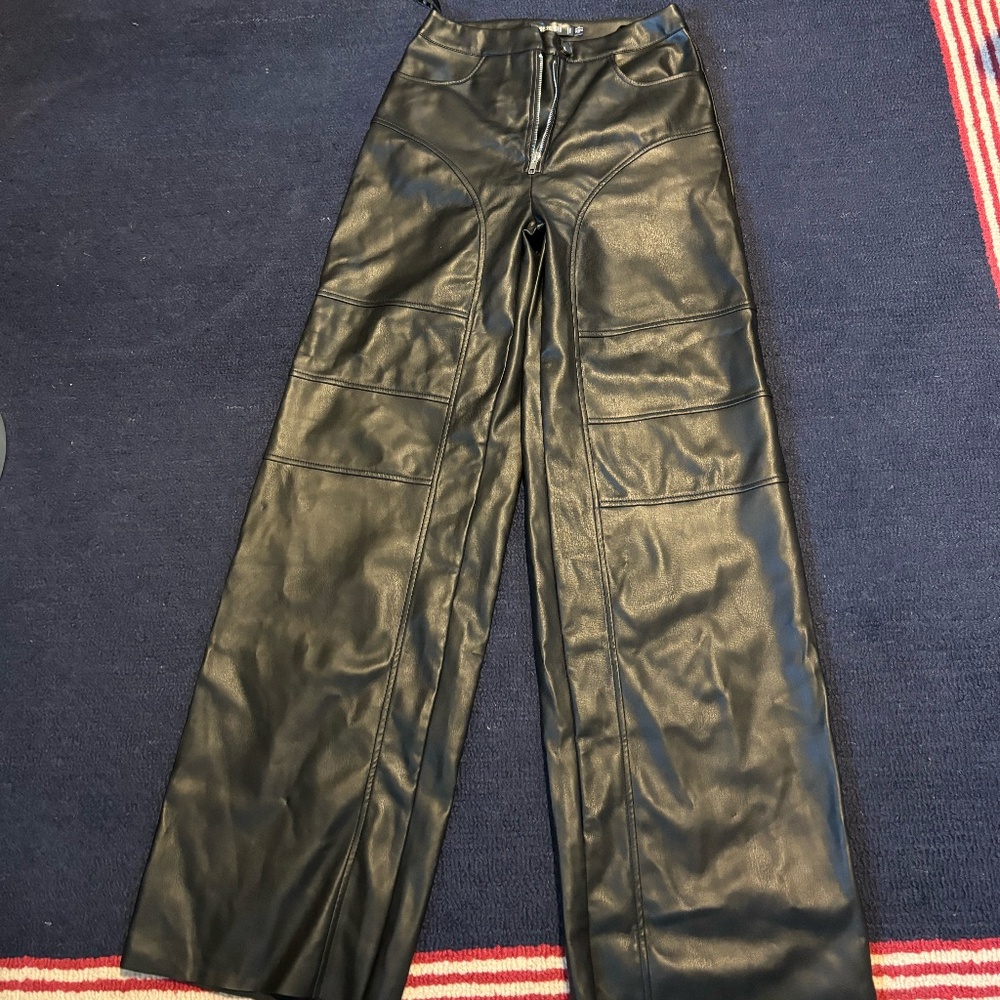 Missguided Leather Wide Leg Trouser, Black, Size US 4
